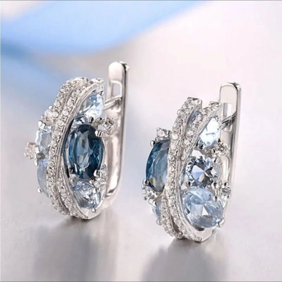 💎Silver Blue Sapphire Diamond Earrings - Picture 1 of 10